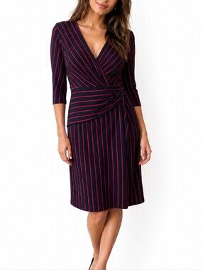 Elegant Navy & Red Pinstripe Wrap Dress  Chic Office Midi Dress Classic Business